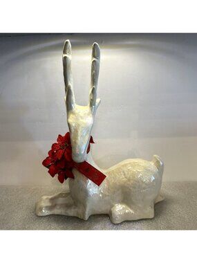 Vintage LN White Ceramic Christmas Reindeer Figurine 11" x 12" Iridescent Glaze